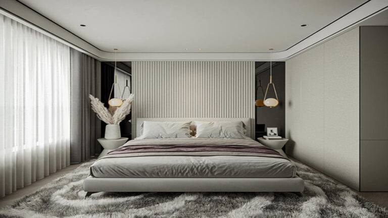 Phòng ngủ master không quá rộng nhưng hiệu ứng từ các gam màu sáng khiến căn phòng vẫn đem lại cảm giác sáng thoáng và thoải mái