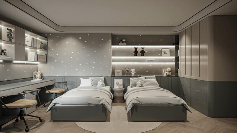 Vẫn là tông màu trung tính nhưng những chi tiết đáng yêu trên tường đã làm căn phòng phù hợp hơn với con trẻ