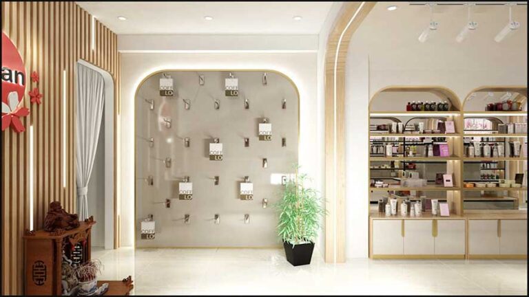 Những chiếc đèn được thiết kế phía sau kệ treo đồ tạo điểm nhấn cho khách hàng