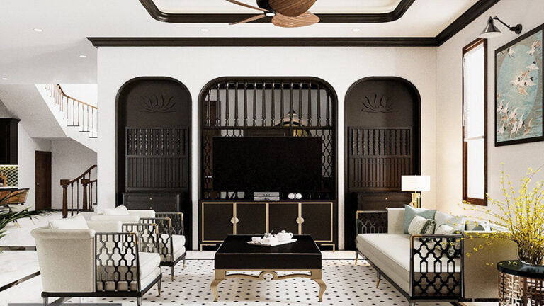 Thiết kế kệ tivi âm tường để tiết kiệm không gian, những chiếc ghế được tổ đẹp bởi những họa tiết hiện đại mang vẻ đẹp sang trọng