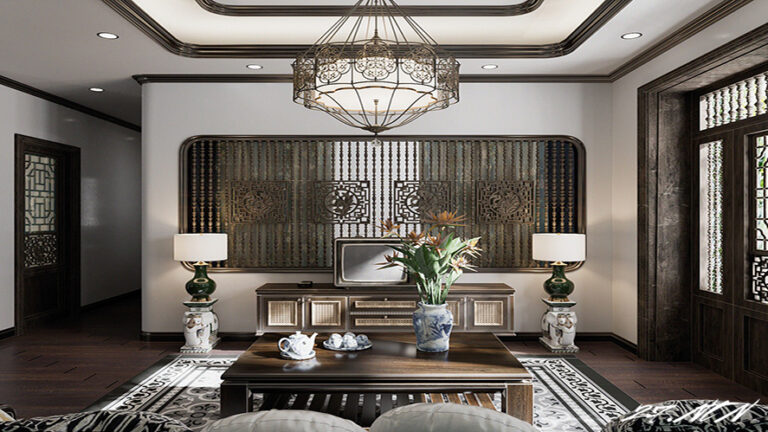 Phòng khách cổ điển kết hợp gam màu trắng nâu mang lại điểm nhấn cho căn phòng