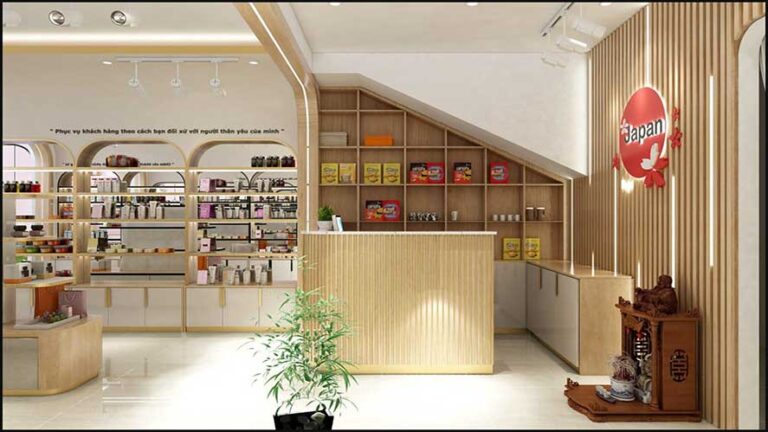 Khu vực quầy thanh toán được kết hợp với yếu tố thiên nhiên được thiết kế đơn giản