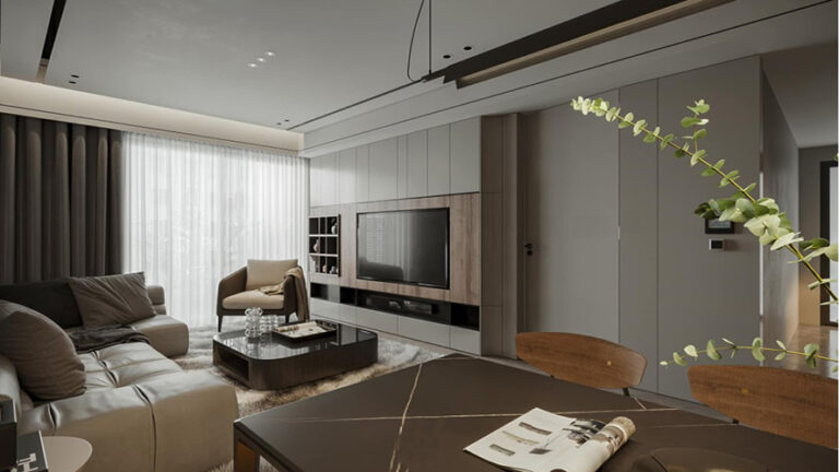 Tổng màu sắc được chuyển biến sang màu nhạt và sáng hơn khi bước đến khu vực phòng bếp và bàn ăn