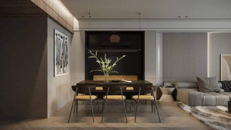 Bộ bàn ăn sử dụng khung kim loại kết hợp với gỗ đạm màu và mặt bàn đá đen càng tăng thêm phần cá tính và độc đáo cho căn hộ