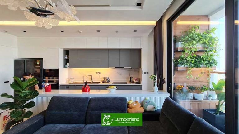 Sofa Minotti kết hợp với bàn trà bằng chất liệu thủy tinh tạo nên không gian hiện đại