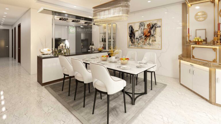 Phía bên dưới bàn ăn được trải một tấm thảm da mềm mại mang lại sự ấm cúng cho gia chủ