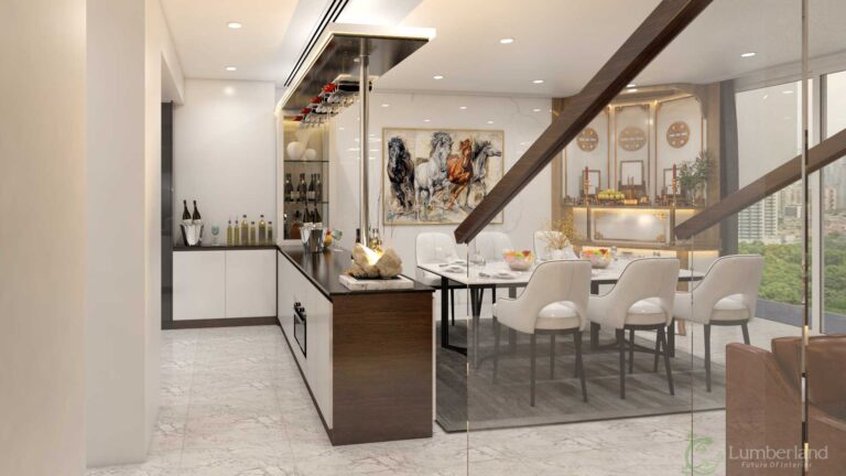 Phòng bếp và phòng ăn được kết nối với nhau thông qua một quầy bar mini để chủ nhà sử dụng làm nơi để thưởng thức những ly rượu và ngắm nhìn khung cảnh tuyệt đẹp ngoài cửa sổ cùng với những người bạn bè, người thân trong gia đình,…