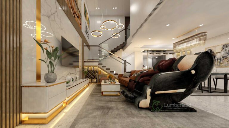 Chiếc ghế massage để gia chủ có thể vừa thư giãn cơ thể vừa tận hưởng những tiết mục, chương trình trên tivi