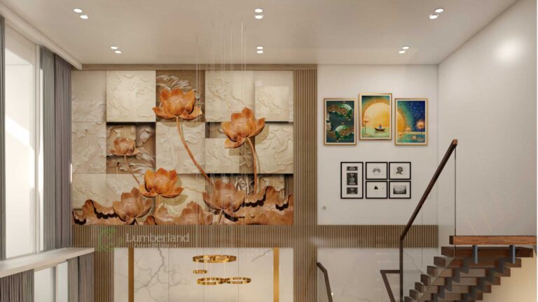 Những bức tranh được bố trí che lấp đi những không chống trên những vách tường và chiếc đèn với kiểu dáng hiên đại mang đến một không gian ấm cúng cho căn phòng