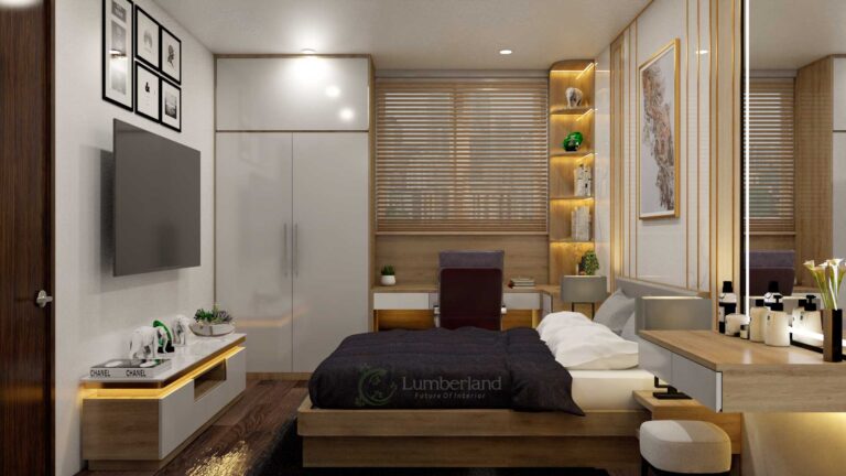 Những ánh đèn được thiết kế ở kệ sách, kệ tivi và tủ trang điểm mang lại nét ấn tượng đặc biệt cho không gian căn phòng