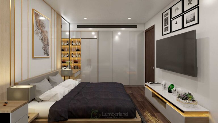 Những chiếc tủ được thiết kế âm tường để tận dụng tối đa không gian phòng ngủ