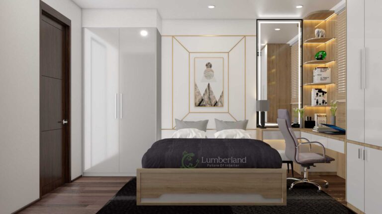 Phía đầu giường được trang trí một bức tranh nghệ thuật bao quanh là những đường nét vàng vuông vức tạo thành một bức tranh ba chiều huyền ảo