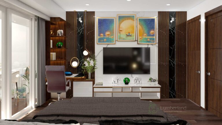 Chiếc kệ tivi được làm từ vật liệu sang trọng với phối màu vàng trắng tạo điểm nhấn cho căn phòng